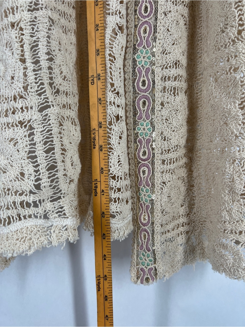 POL Crochet Lace Duster Cardigan Embroidered Sequin Boho Cream M - Picture 11 of 12